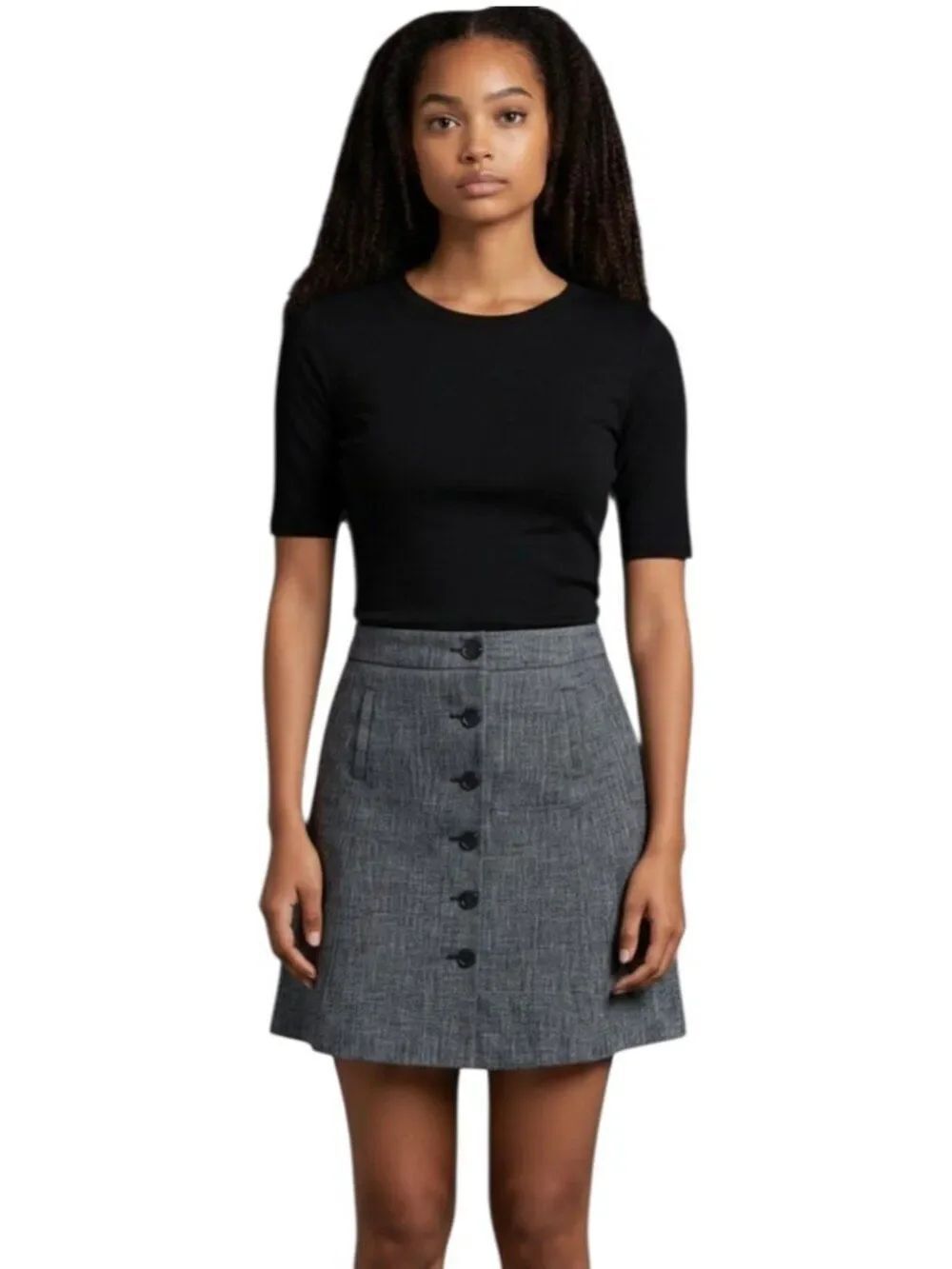 Banana Republic Button Front A Line Skirt Gray Tweed Stretch Knee Pockets Size 2
